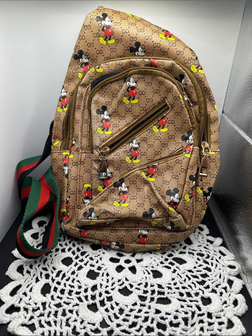 Brown Mickey Print Sling Bag - Unbranded